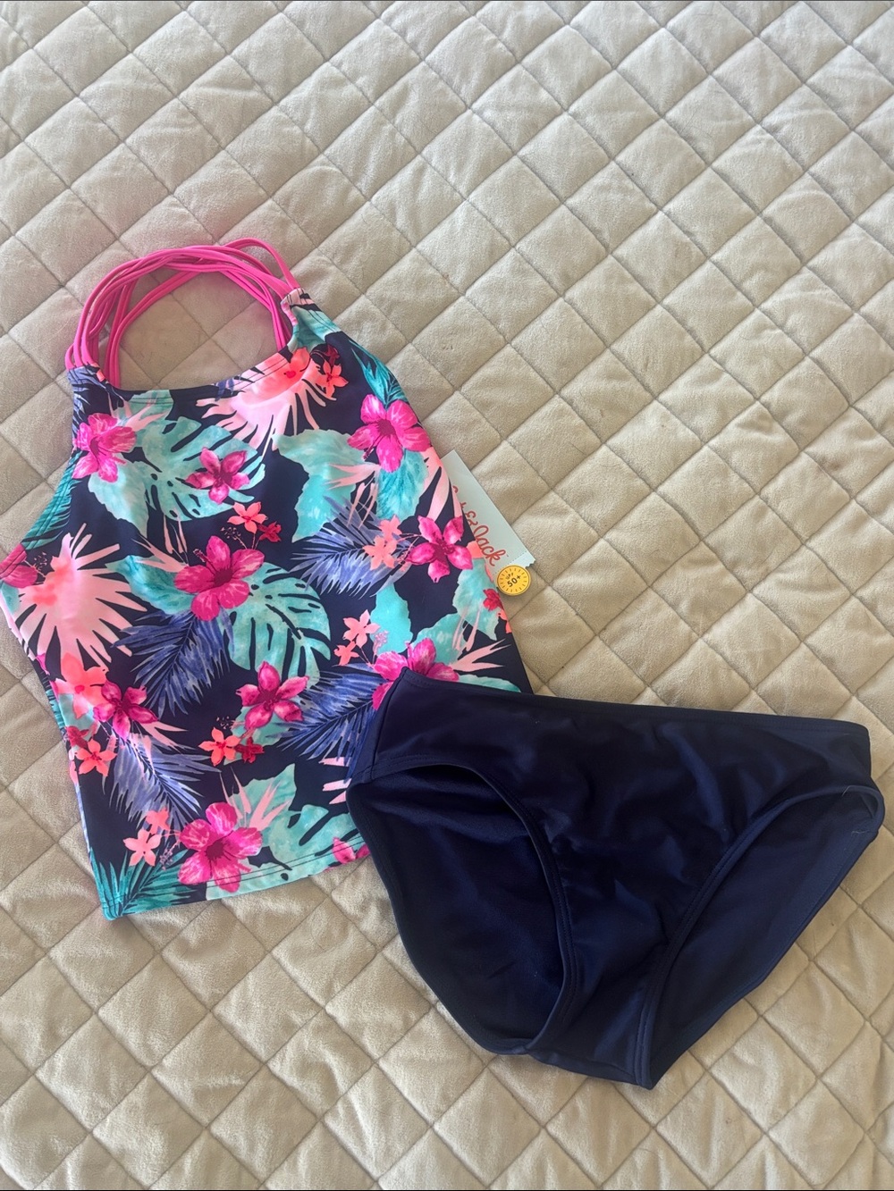 Cat & Jack Girls Navy Floral Halter Tankini with Pink Straps